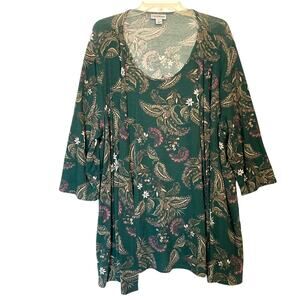 Catherines Floral Paisley Layered Top Womens Size 1X Green Relaxed Asymmetrical